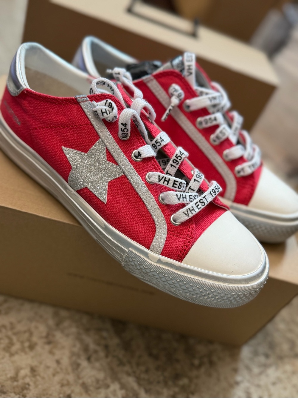 Vintage Havana Red Canvas Sneakers with Silver Star Accent